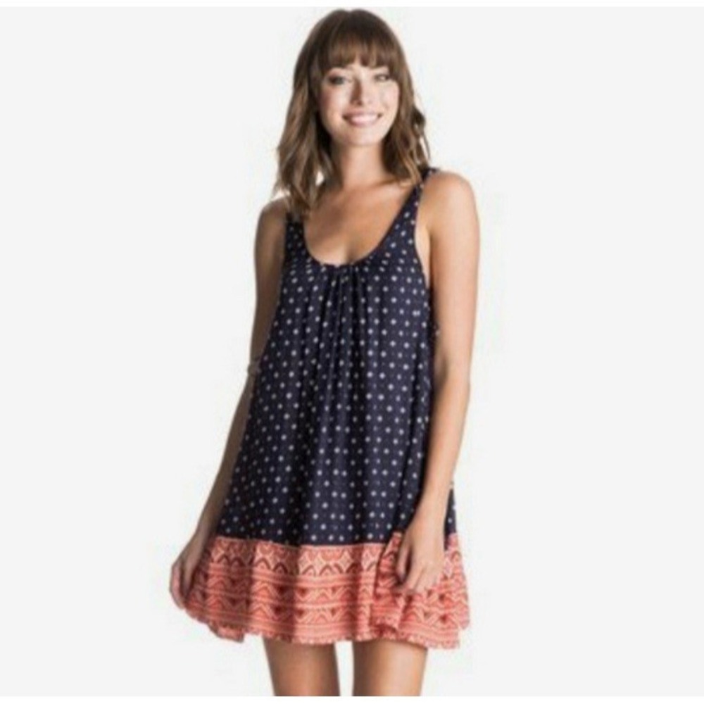 Roxy Shadow Play Tank Sun Dress Womens Sz Medium Blue Orange Print Short Coverup